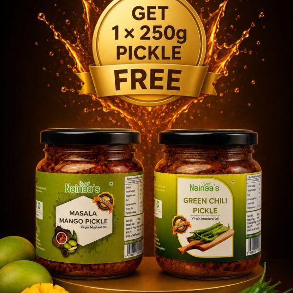 Traditional Kitchen Combo 500g Mango Masala Pickle + 500g Green Chilli Pickle → Get 1 × 250g Pickle FREE